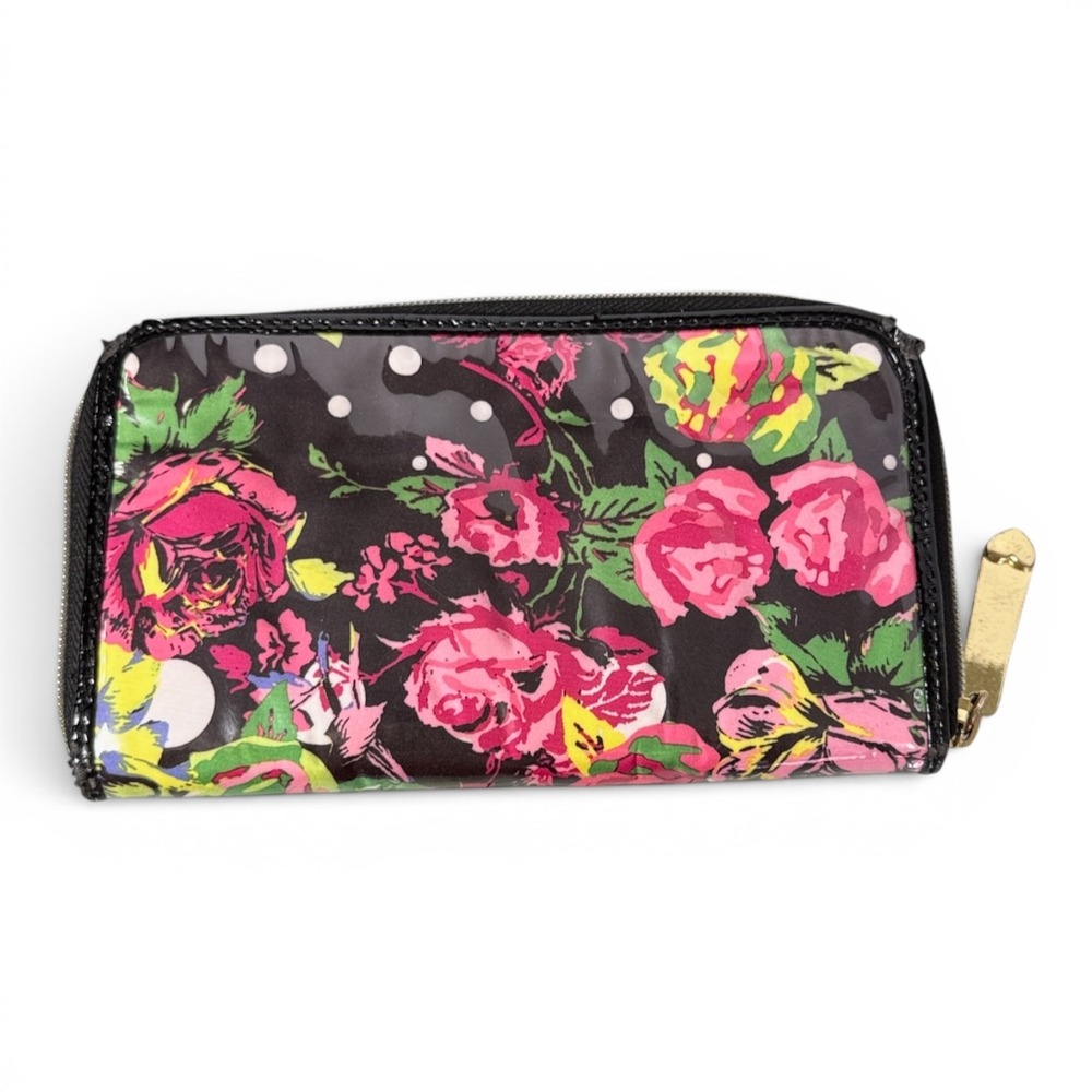 Betsey Johnson Zip Around Accordion Wallet Black Floral Polka Dot Kitschy Vinyl - Picture 3 of 12